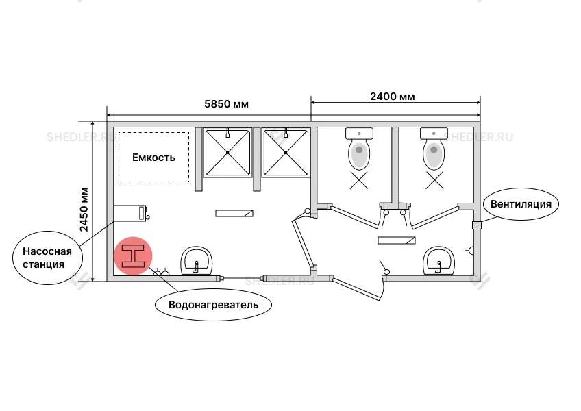 СБК-10 – сантехнический модуль с двумя душевыми и двумя туалетными кабинами фото