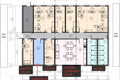 Модульное здание МЗ-67 из 20 БКСП-00 с двускатной крышей в цвете схема